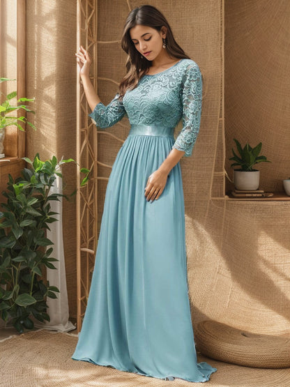 Weitese See-Through Floor Length Lace Chiffon Evening Dress with Half Sleeve