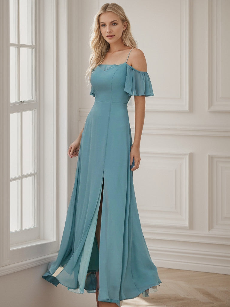 Weitese Chiffon Off-The-Shoulder Side Slit Bridesmaid Dress with sleeves