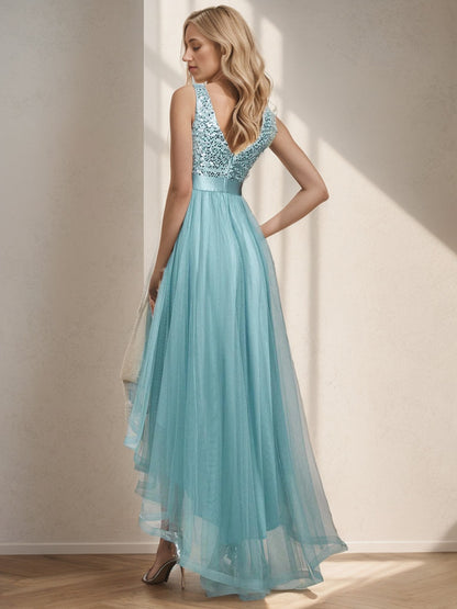 Weitese Sleeveless Sequin Ribbon Waist Tulle High Low Evening Dress