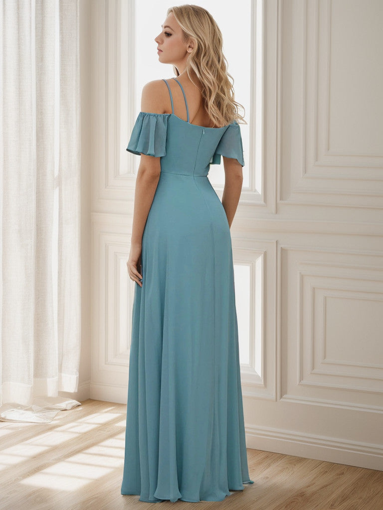 Weitese Chiffon Off-The-Shoulder Side Slit Bridesmaid Dress with sleeves