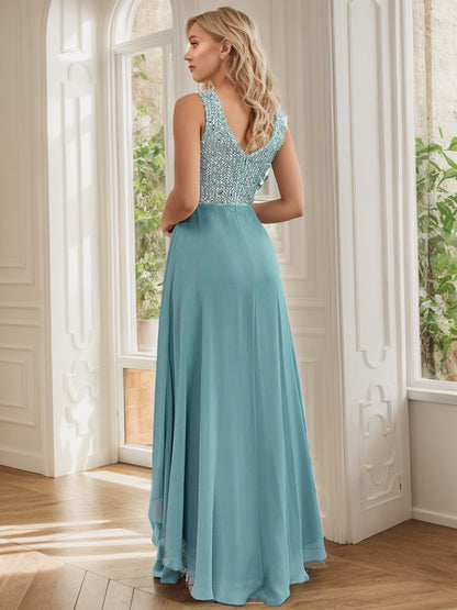 Weitese Sexy High-Low Maxi Chiffon Evening Dresses with Sequin