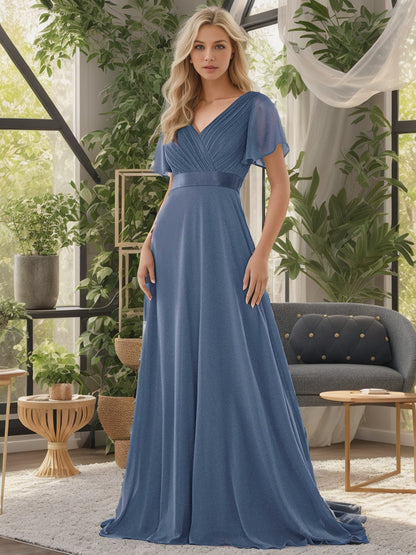 Weitese Long Chiffon Empire Waist Bridesmaid Dress with Short Flutter Sleeves