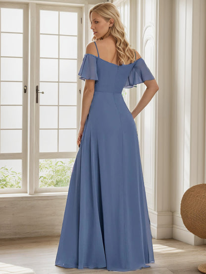 Weitese Chiffon Off-The-Shoulder Side Slit Bridesmaid Dress with sleeves