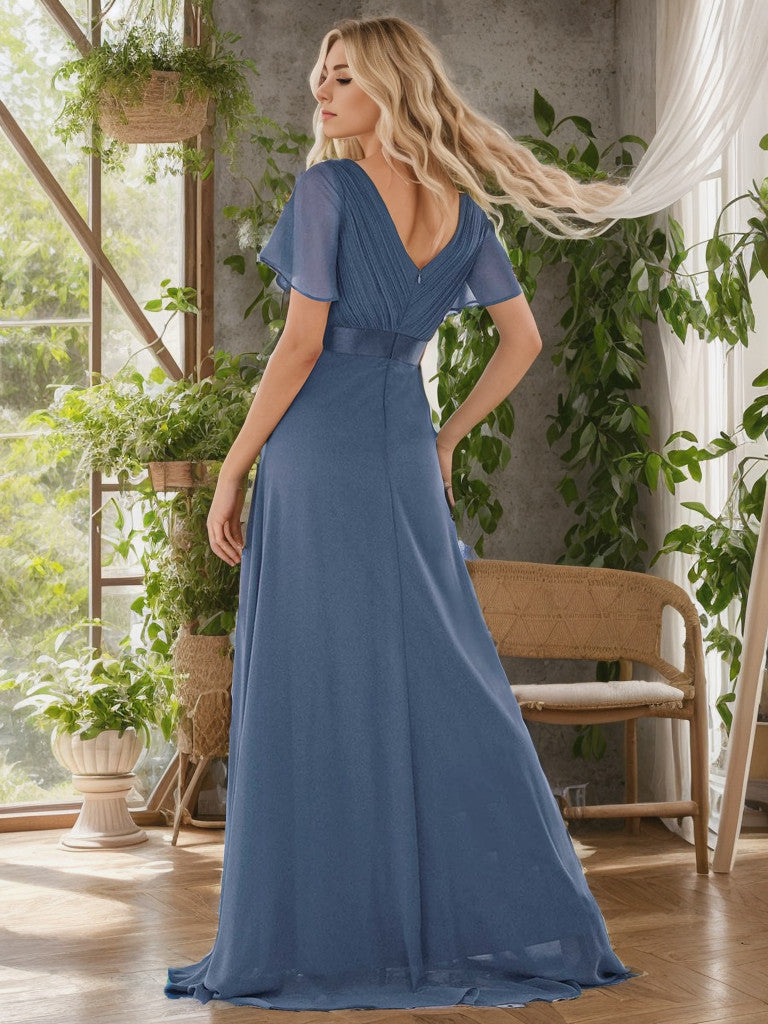 Weitese Long Chiffon Empire Waist Bridesmaid Dress with Short Flutter Sleeves