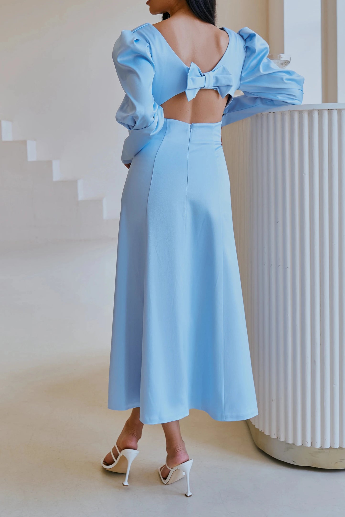 Dusty Pink Satin Bow Back Midi Prom Dress Sky-Blue Satin Bow Back Party Dress White Satin Long Sleeves Evening Dress