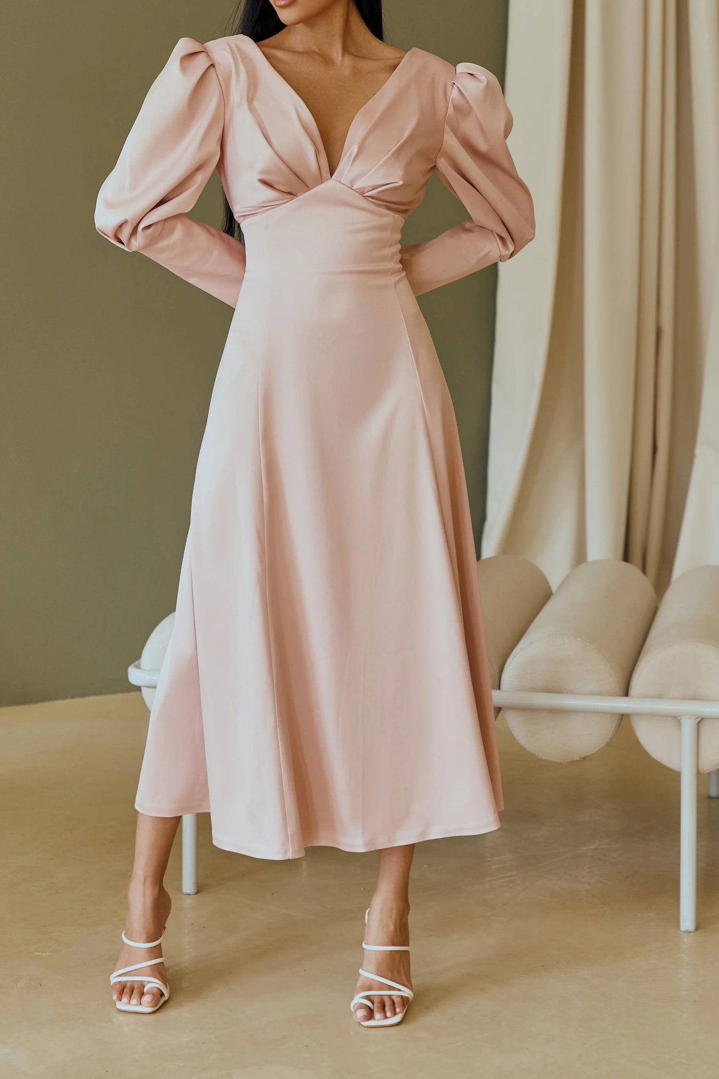 Dusty Pink Satin Bow Back Midi Prom Dress Sky-Blue Satin Bow Back Party Dress White Satin Long Sleeves Evening Dress