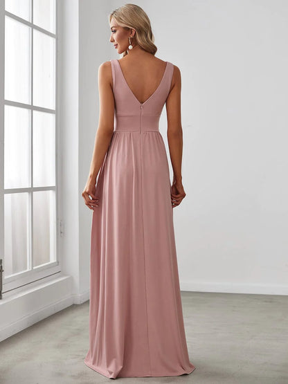 Weitese Sleeveless V-Neck Empire Waist High Slit Floor-Length Evening Dress