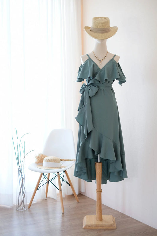 Dusty Sage Wrap Dress Bridesmaid Dresses Drop Shoulder Party Prom Cocktail Dress High Low Dress Bridesmaid Dress