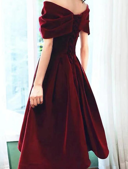 Fall Wedding Guest Dress Knee Length Short Sleeve Off Shoulder Velvet with Pleats Pure Color