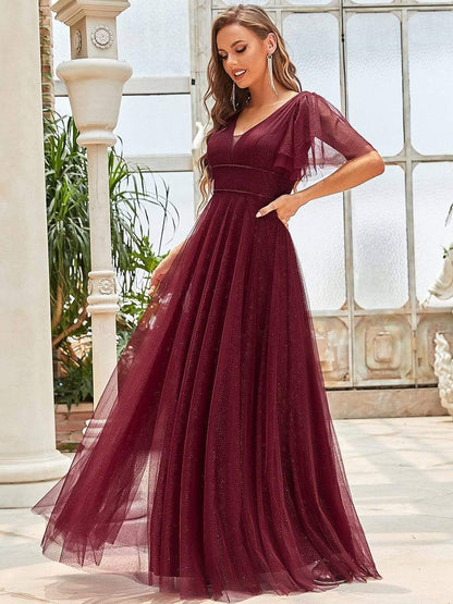 Weitese Romantic V Neck Tulle Evening Dress with Ruffle Sleeves