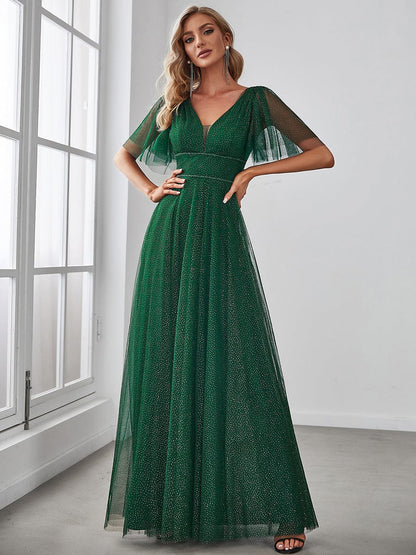 Weitese Romantic V Neck Tulle Evening Dress with Ruffle Sleeves