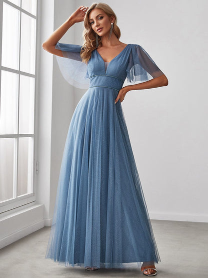 Weitese Romantic V Neck Tulle Evening Dress with Ruffle Sleeves