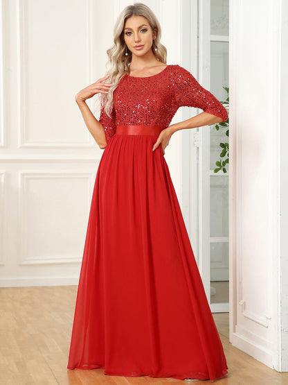 Weitese Sleeves Round Neck Evening Dress With Sequin Bodice