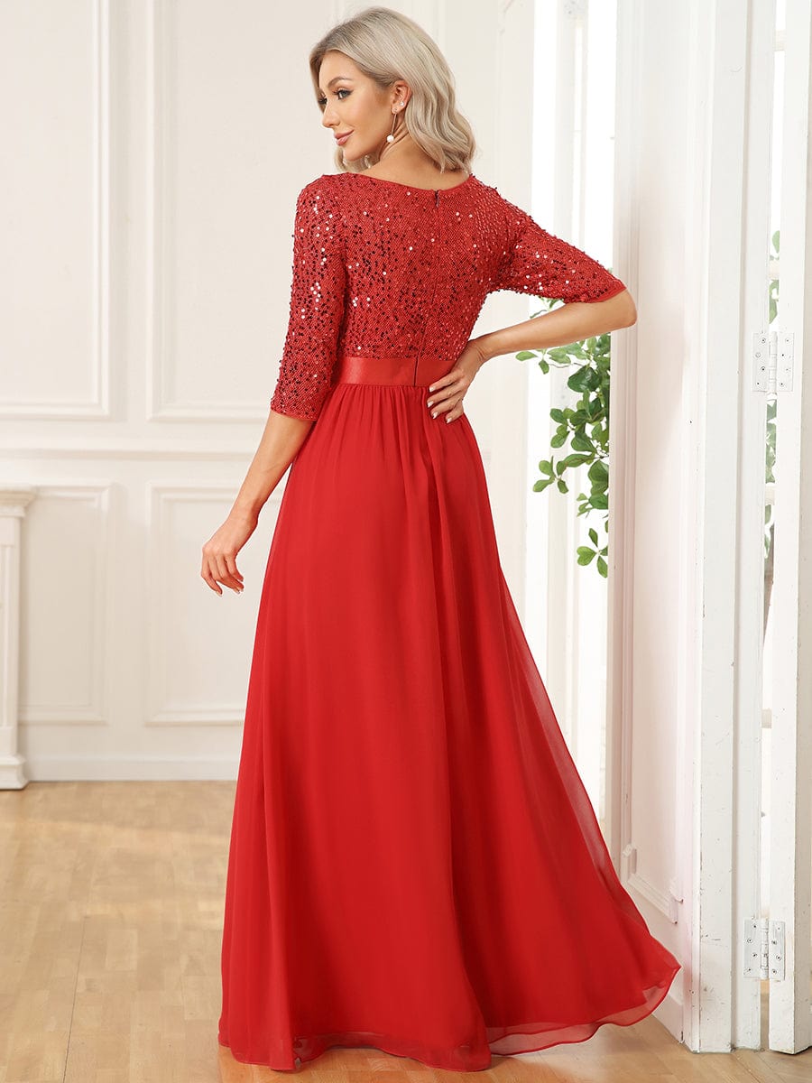 Weitese Sleeves Round Neck Evening Dress With Sequin Bodice