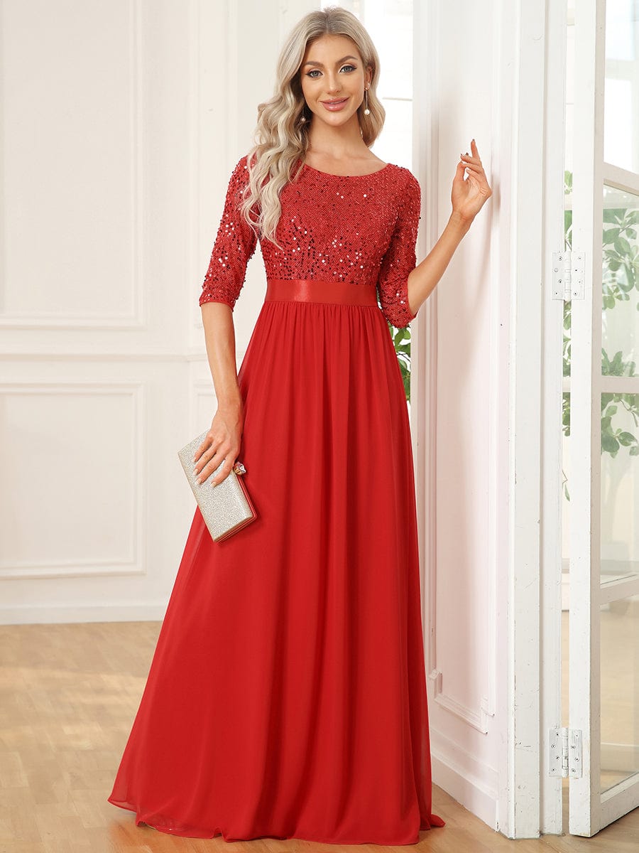 Weitese Sleeves Round Neck Evening Dress With Sequin Bodice