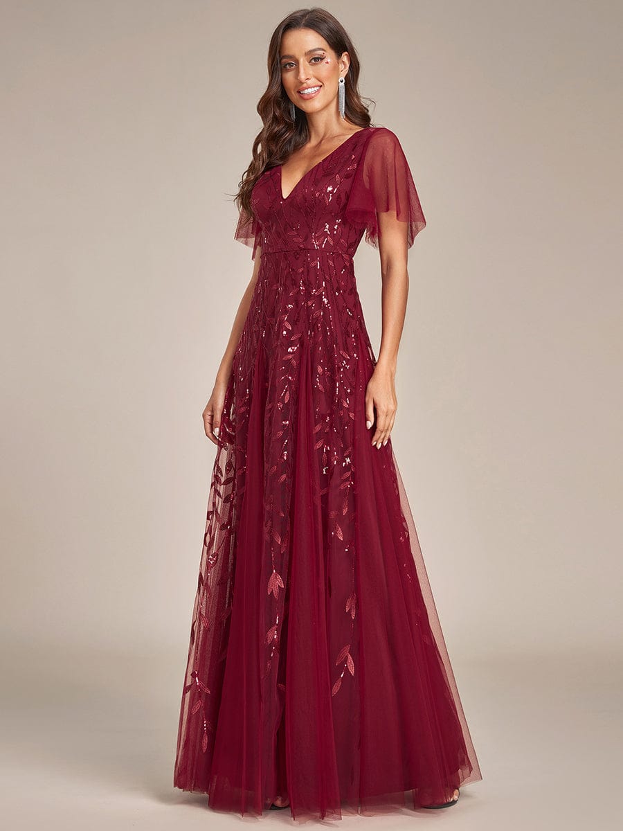 Weitese Shimmery V Neck Ruffle Sleeves Sequin Maxi Long Evening Dress