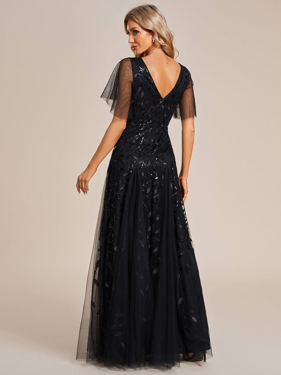 Weitese Shimmery V Neck Ruffle Sleeves Sequin Maxi Long Evening Dress