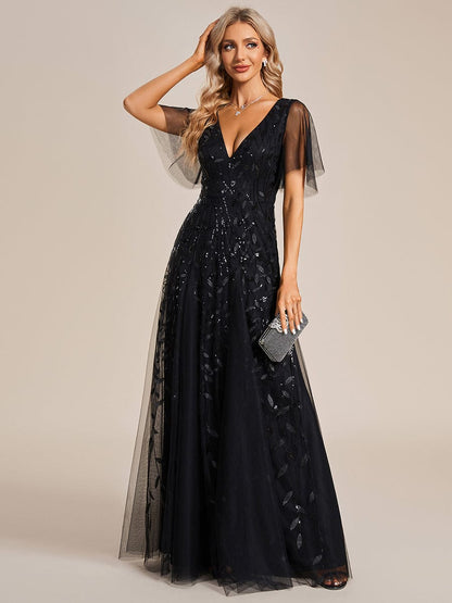 Weitese Shimmery V Neck Ruffle Sleeves Sequin Maxi Long Evening Dress