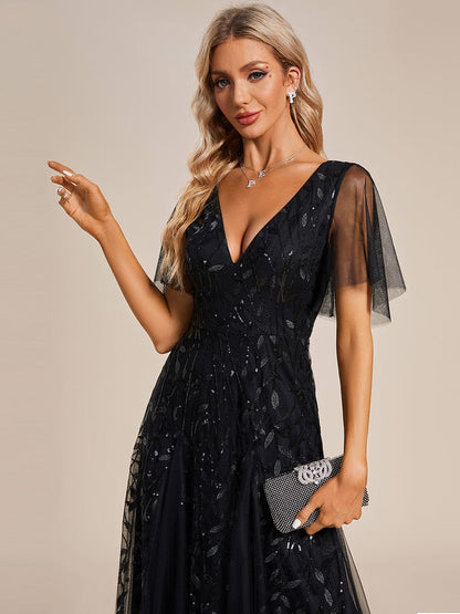 Weitese Shimmery V Neck Ruffle Sleeves Sequin Maxi Long Evening Dress