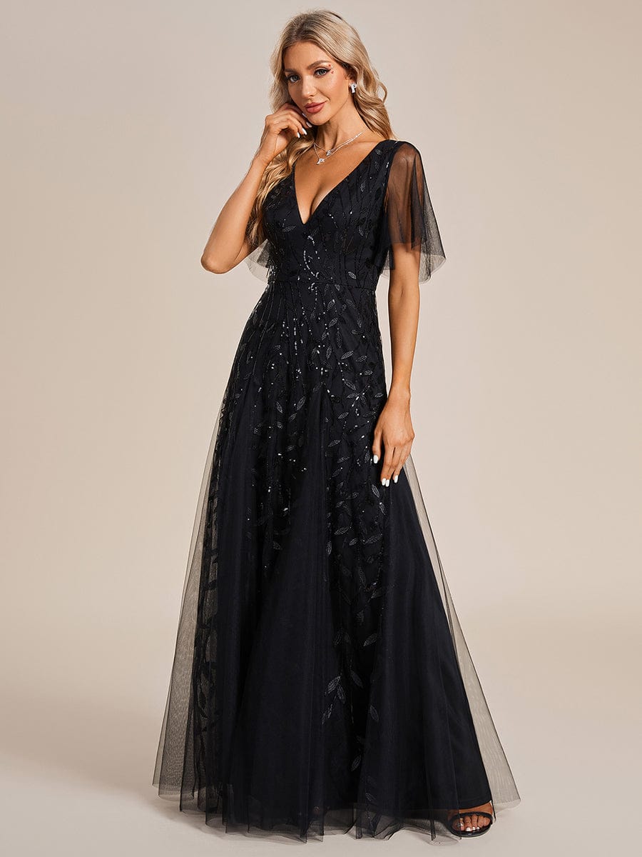 Weitese Shimmery V Neck Ruffle Sleeves Sequin Maxi Long Evening Dress