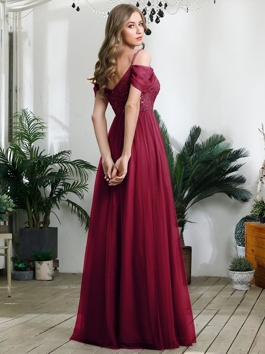 Weitese Sequin Bodice Cold Shoulder Floor Length Tulle Bridesmaid Dress