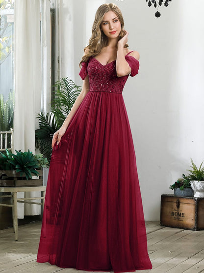 Weitese Sequin Bodice Cold Shoulder Floor Length Tulle Bridesmaid Dress