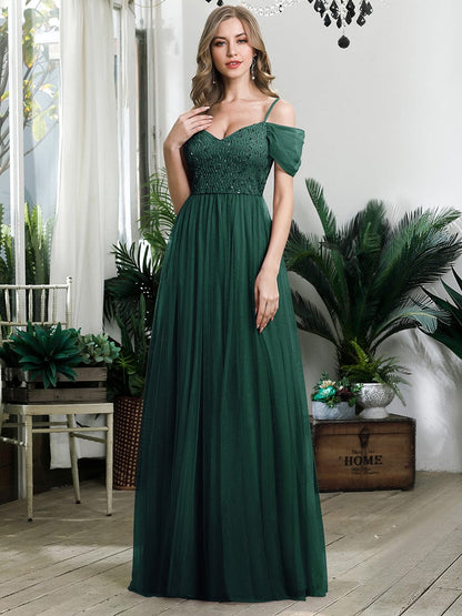 Weitese Sequin Bodice Cold Shoulder Floor Length Tulle Bridesmaid Dress