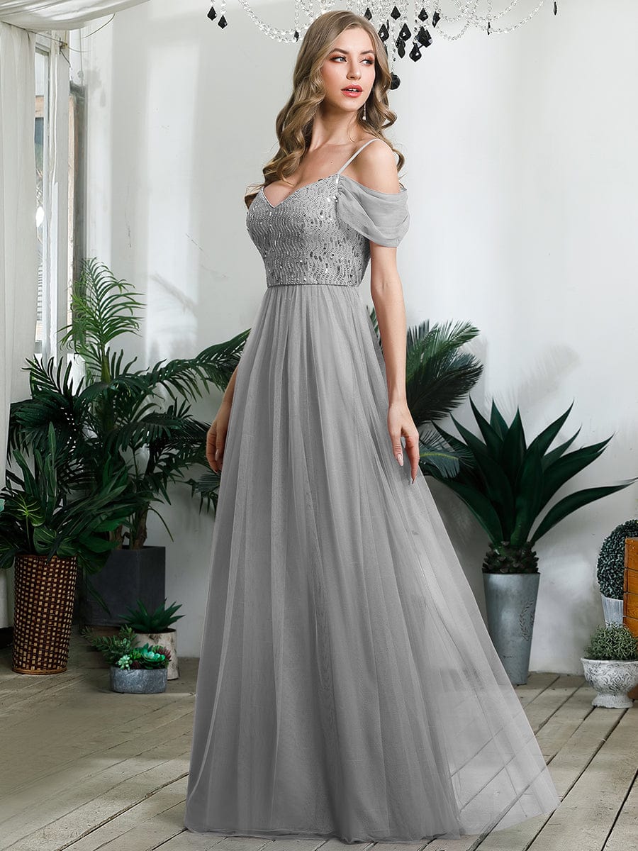 Weitese Sequin Bodice Cold Shoulder Floor Length Tulle Bridesmaid Dress