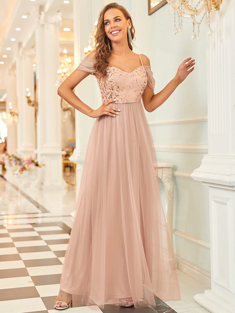 Weitese Sequin Bodice Cold Shoulder Floor Length Tulle Bridesmaid Dress