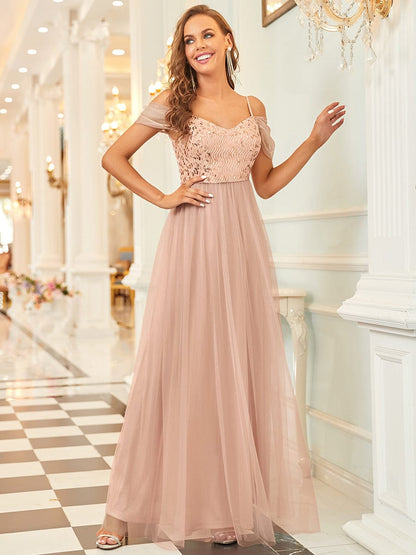 Weitese Sequin Bodice Cold Shoulder Floor Length Tulle Bridesmaid Dress