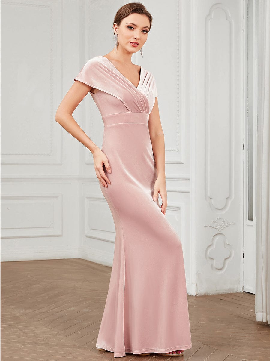 Weitese Velvet Pleated V-Neck Cap Sleeve Evening Dress