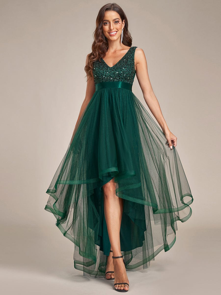 Weitese Sequin Bodice Tulle High-Low Bridesmaid Dresses with Ribbon Waist