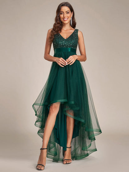 Weitese Sequin Bodice Tulle High-Low Bridesmaid Dresses with Ribbon Waist