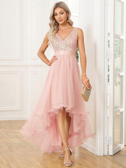 Weitese Sequin Bodice Tulle High-Low Bridesmaid Dresses with Ribbon Waist