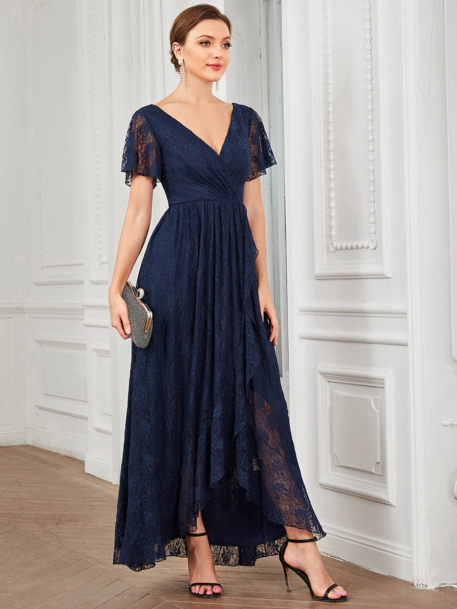 Weitese Pleated V-Neck Short Sleeve Ruffled Lace Evening Dress