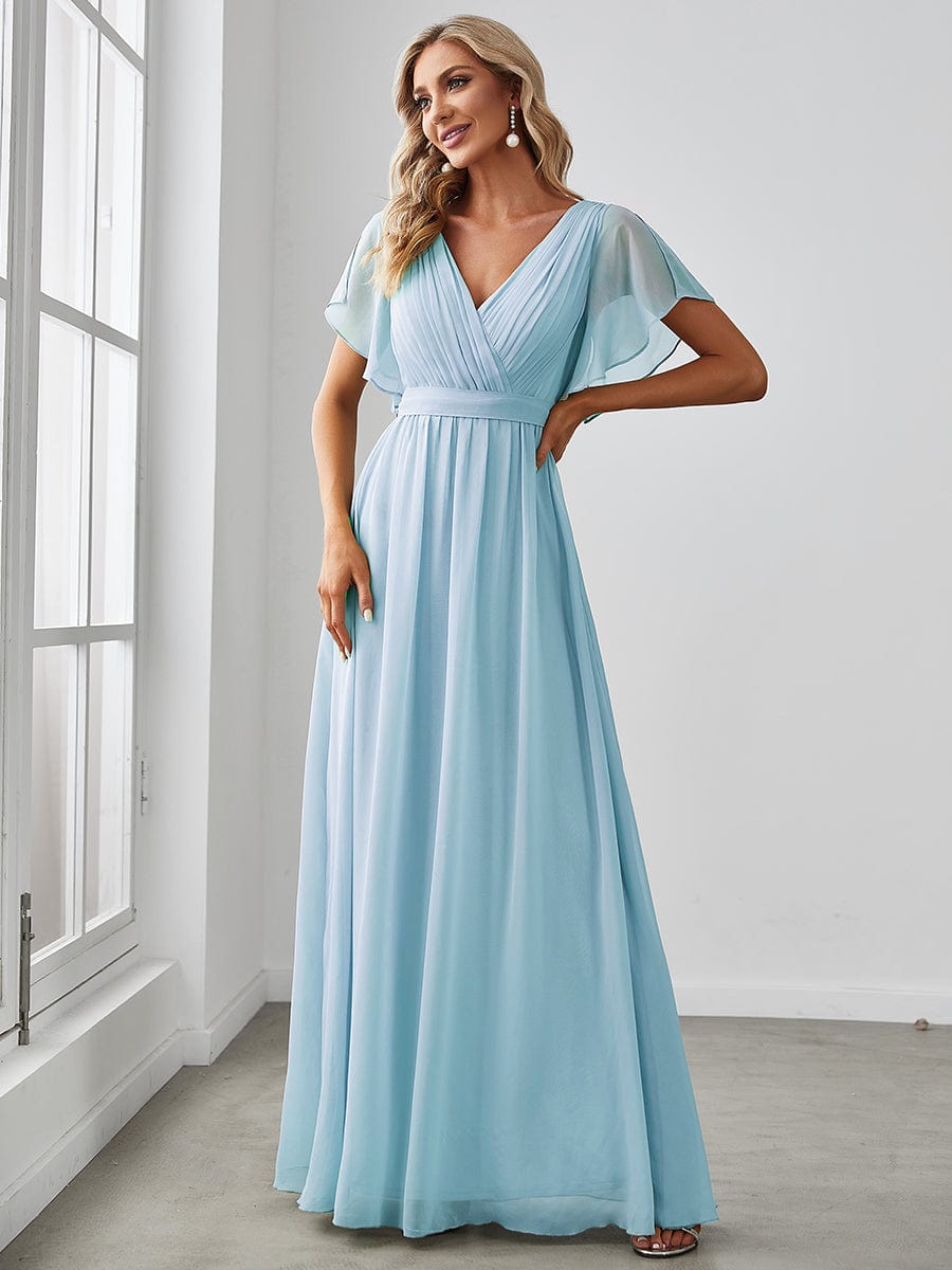 Weitese Ruffle Sleeve Tie-Waist Chiffon V-Neck Evening Dress