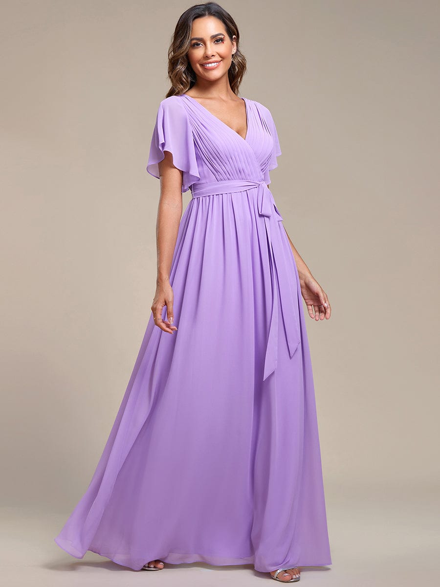 Weitese Ruffle Sleeve Tie-Waist Chiffon V-Neck Evening Dress