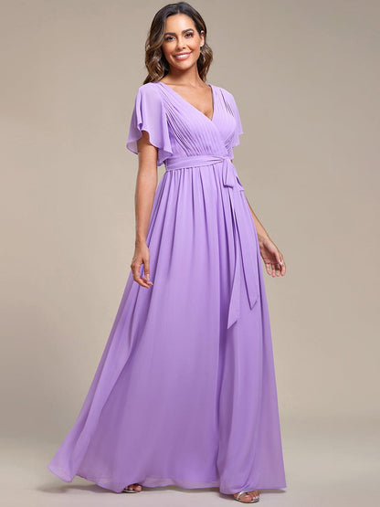 Weitese Ruffle Sleeve Tie-Waist Chiffon V-Neck Evening Dress