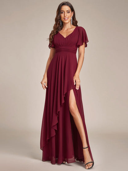 Weitese Ruffles Sleeve High Slit with Louts Leaf Chiffon Evening Dress