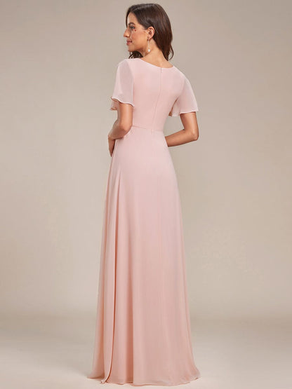 Weitese Ruffles Sleeve High Slit with Louts Leaf Chiffon Evening Dress