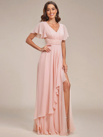 Weitese Ruffles Sleeve High Slit with Louts Leaf Chiffon Evening Dress