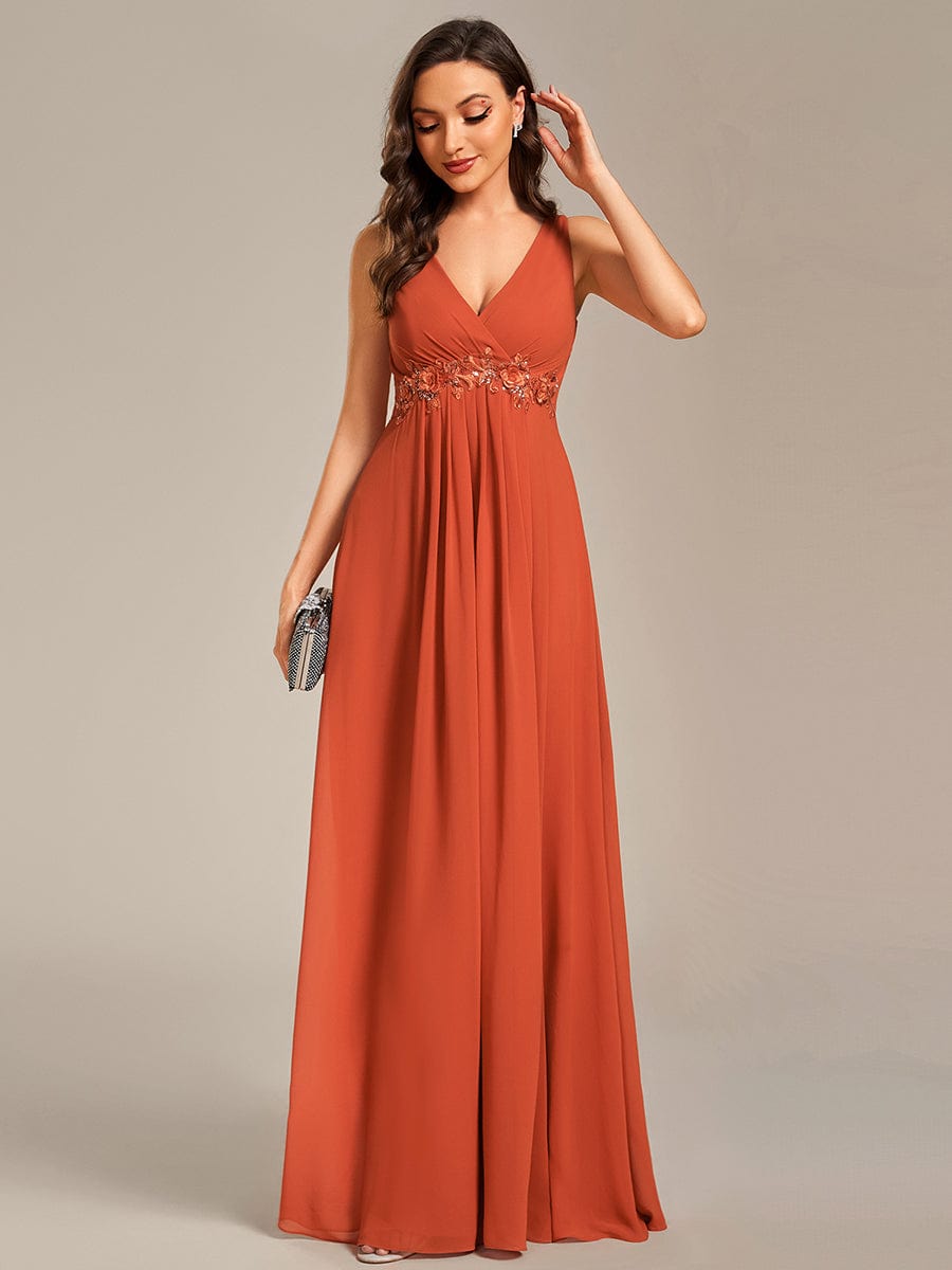 Weitese Floral Applique Sleeveless Chiffon Long Formal Evening Dress