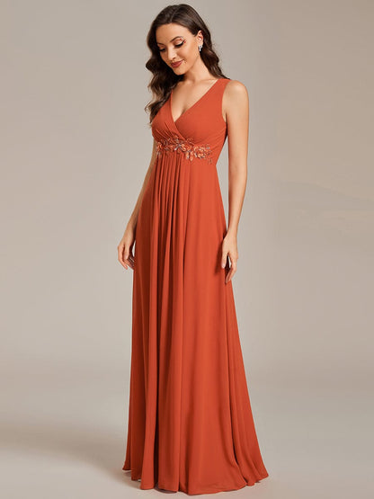 Weitese Floral Applique Sleeveless Chiffon Long Formal Evening Dress