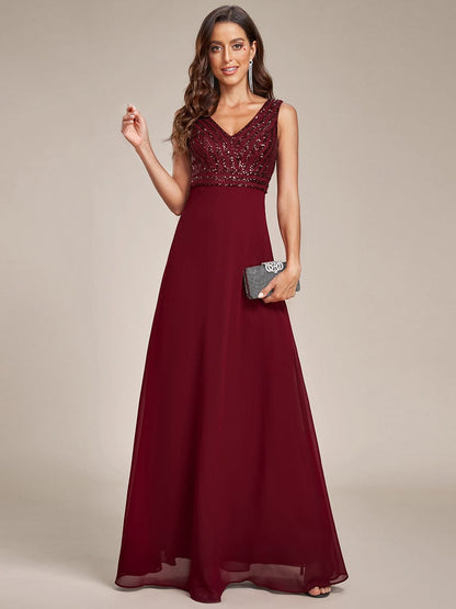 Weitese Sequin Sleeveless Double V-Neck Formal Evening Dress