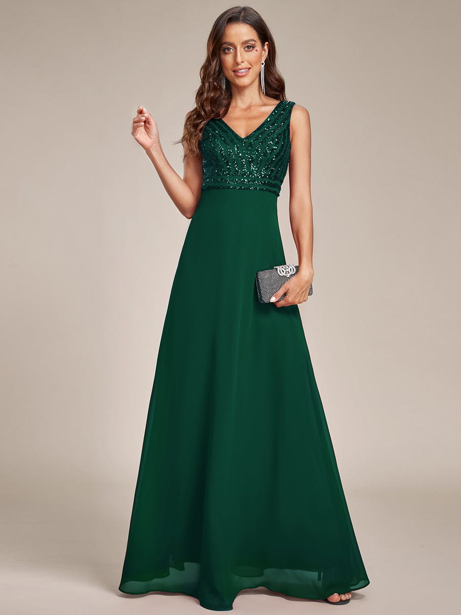 Weitese Sequin Sleeveless Double V-Neck Formal Evening Dress