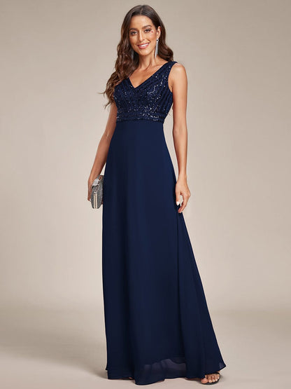 Weitese Sequin Sleeveless Double V-Neck Formal Evening Dress