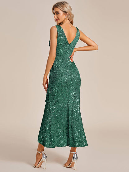 Weitese Sparkling V-Neck Sleeveless Asymmetrical Hem Sequin Evening Dress