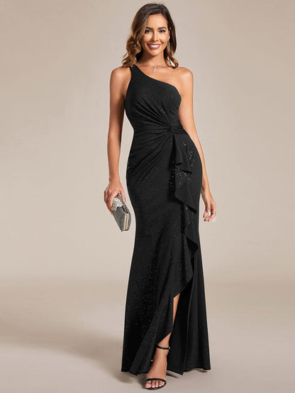 Weitese One-Shoulder Shining Back Spaghetti Strap Pleated Lotus Leaf Bodycon Evening Dress