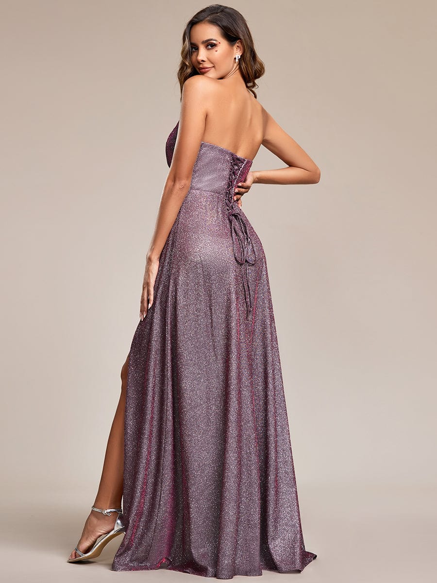 Weitese Shimmering Strapless A-Line Pleated Back-Laced High Slit Evening Dress