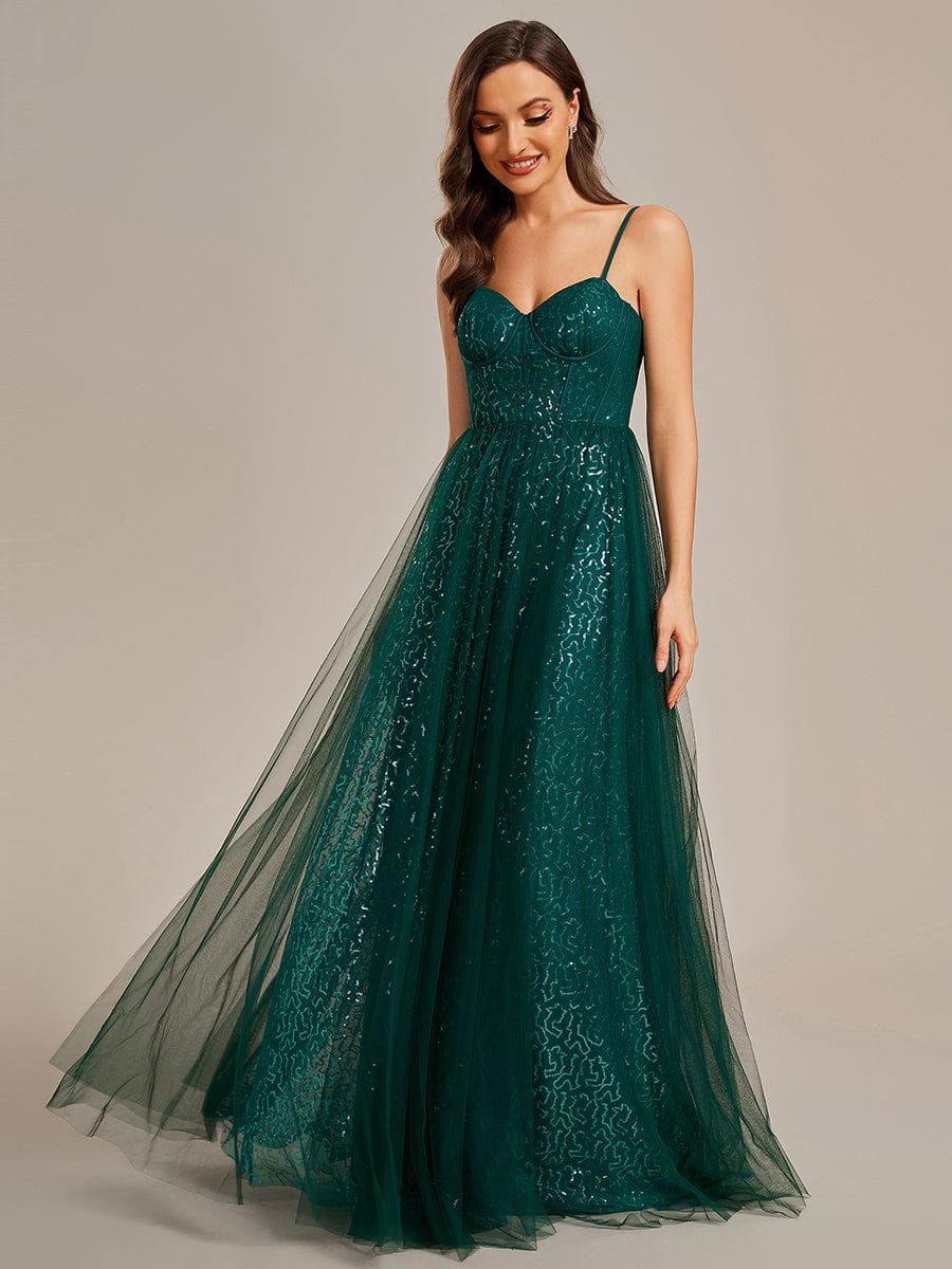 Weitese Spaghetti Straps Illusion Sleeveless A-Line Sequin Evening Dress with Tulle Cover